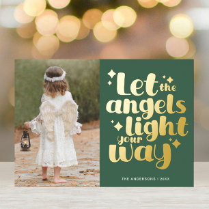 Christmas Angel Girl Cool Green Gold Foil Holiday Card