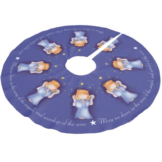 Christmas angel girl pray blue christmas brushed polyester tree skirt (Angled)