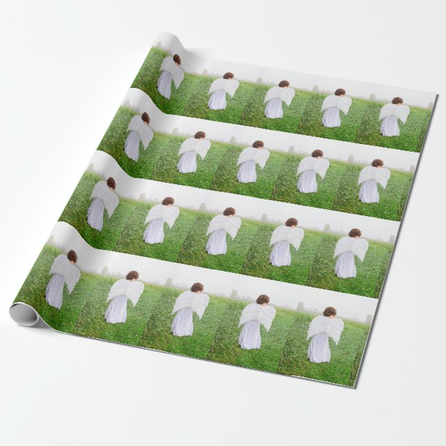 Christmas Angel Girl White Green Holiday Wrapping Paper (Unrolled)