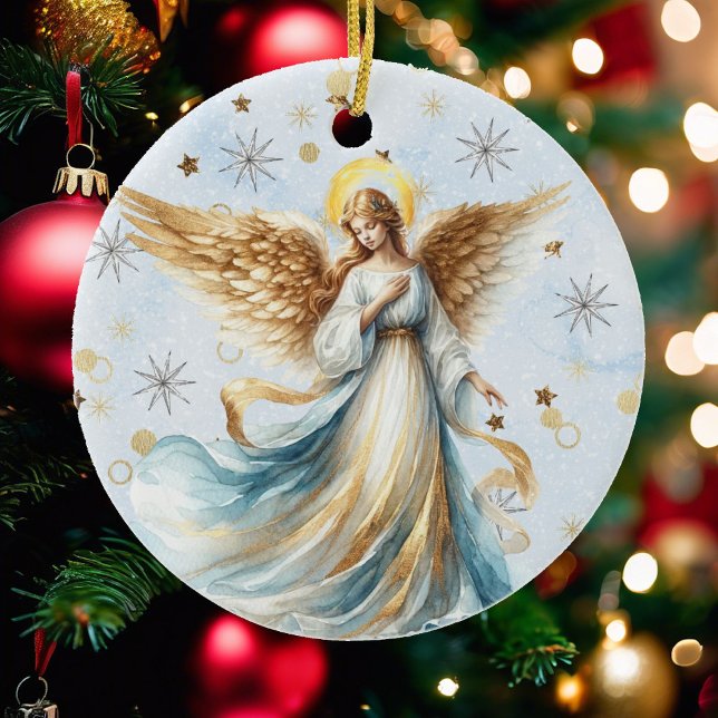 Christmas Angel Gold Blue Watercolor Ceramic Ornament (Creator Uploaded)
