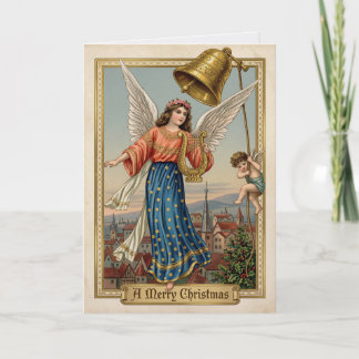 Christmas Angel Golden Bell Vintage Harp Card