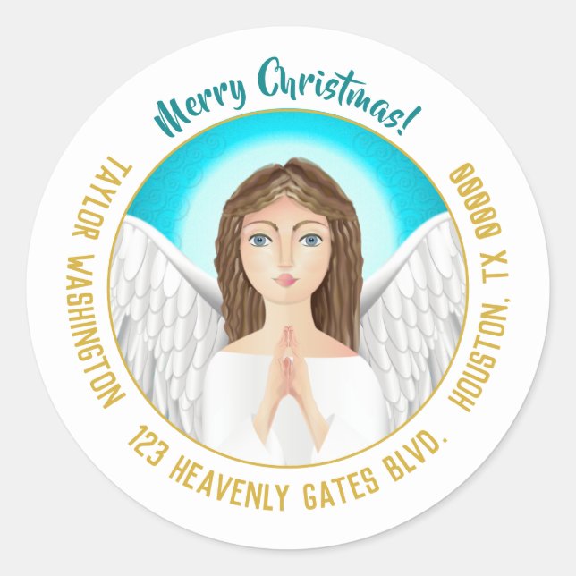Christmas Angel Holiday Return Address Classic Round Sticker (Front)