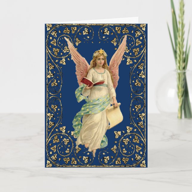 Christmas Angel in Ornate Gold Frame on Blue Card (Front)