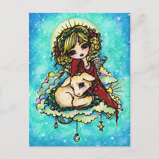 Christmas Angel Lamb Snow Fantasy Art Postcard (Front)