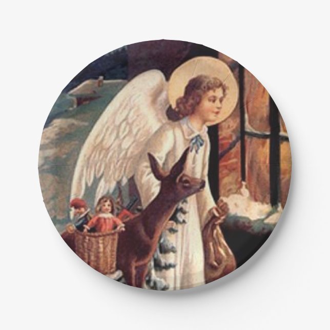 Christmas Angel looking through a window Paper Plate (Front)
