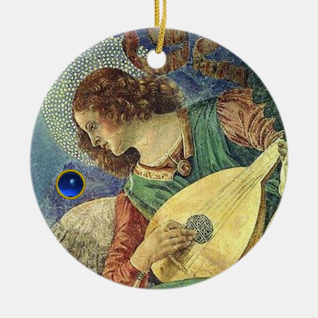 CHRISTMAS ANGEL MAKING MUSIC Blue Gem Stone Ceramic Ornament (Front)