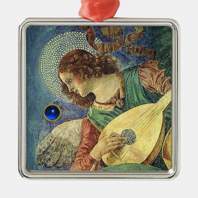 CHRISTMAS ANGEL MAKING MUSIC Blue Gem Stone Metal Ornament (Front)