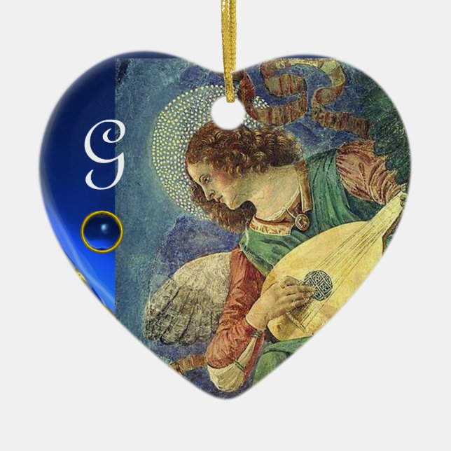 CHRISTMAS ANGEL MAKING MUSIC Heart GemMonogram Ceramic Ornament (Front)