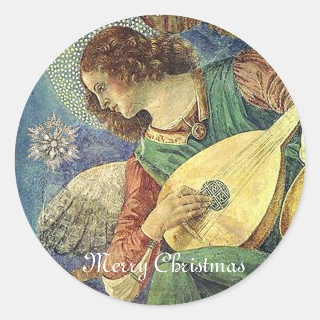 CHRISTMAS ANGEL MAKING MUSIC WITH DIAMOND STAR CLASSIC ROUND STICKER (Front)