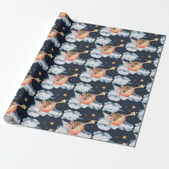 Christmas Angel Mouse and Trumpet Watercolor Art Wrapping Paper (Unrolled)