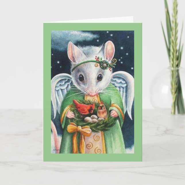 Christmas Angel Mouse & Cardinals Watercolor Art Card (Front)