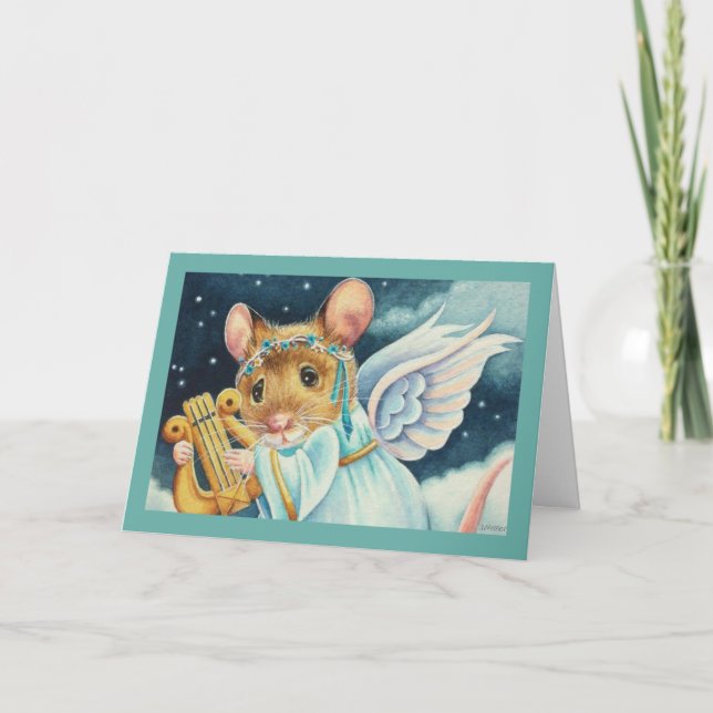 Christmas Angel Mouse Playing Lyre Watercolor Art Card (Front)