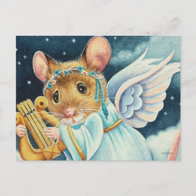 Christmas Angel Mouse Playing Lyre Watercolor Art Postcard (Front)