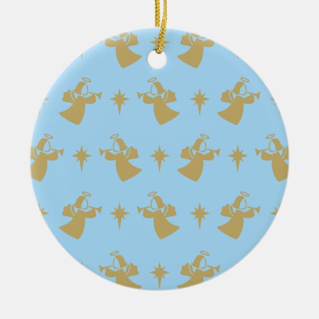 Christmas Angel Nativity Star Baby Blue Gold Ceramic Ornament (Front)