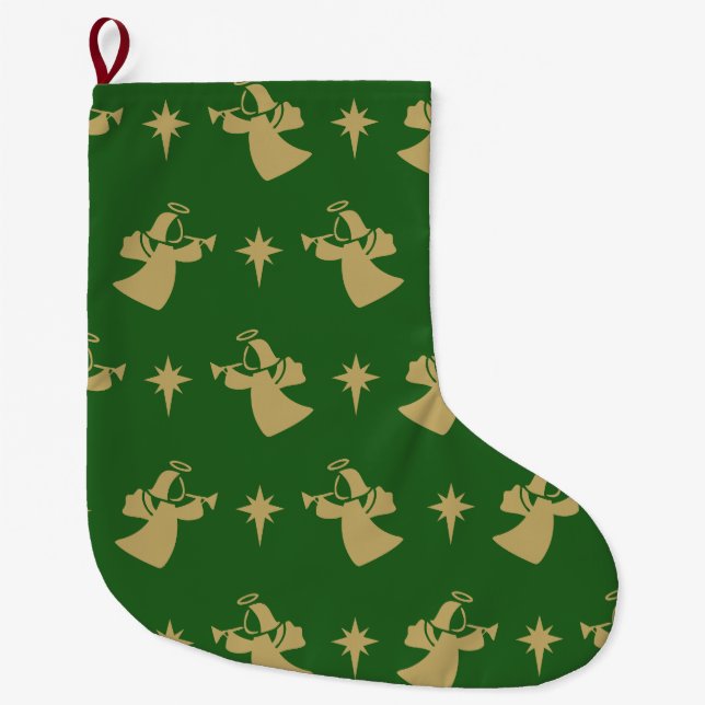 Christmas Angel Nativity Star Green Gold Large Christmas Stocking (Front)