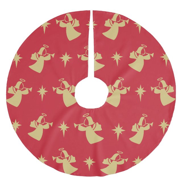 Christmas Angel Nativity Star Red Gold Brushed Polyester Tree Skirt (Front)
