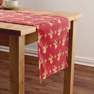 Christmas Angel Nativity Star Red Gold Short Table Runner