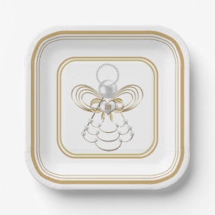 Christmas Angel of Joy Pearls Gold Filigree Paper Plate