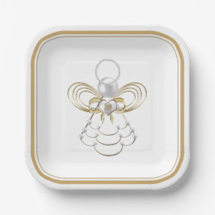 Christmas Angel of Joy Pearls Gold Filigree Paper Plate