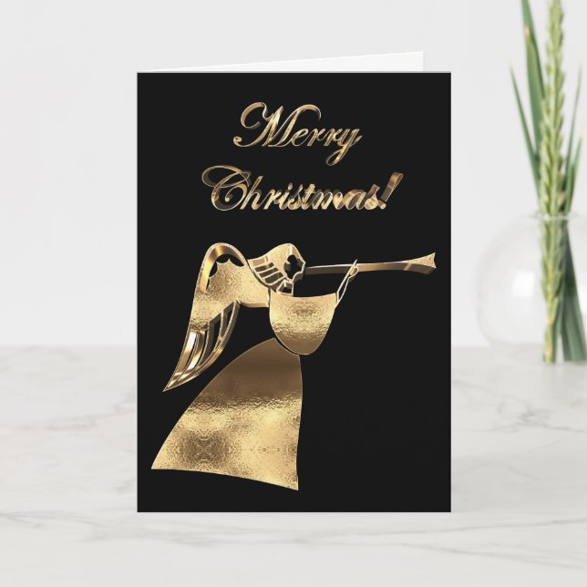Christmas Angel Playing Trumpet Black and Gold Holiday Card (Front)