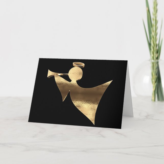 Christmas Angel Playing Trumpet Black and Gold Holiday Card (Front)
