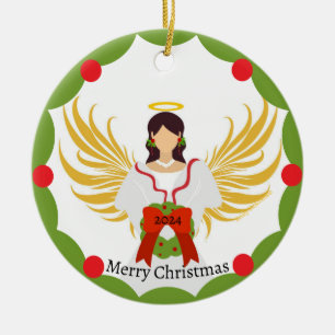 Christmas Angel Red Green Wreath Family Photo Name Ceramic Ornament