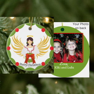 Christmas Angel Red Green Wreath Family Photo Name Ceramic Ornament