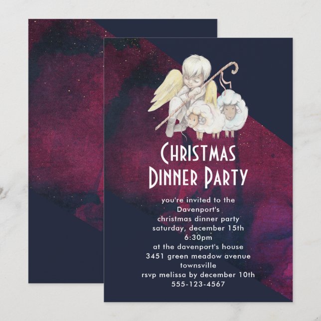 Christmas Angel Shepherd with Lambs Dinner Party Invitation (Front/Back)