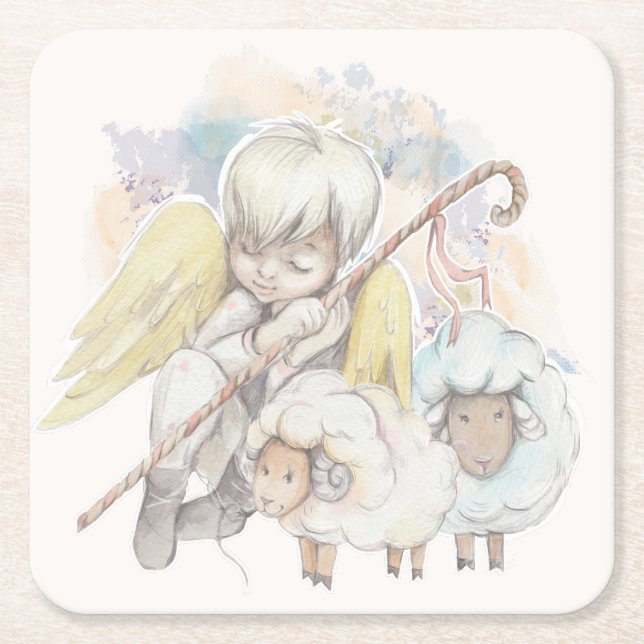Christmas Angel Shepherd with Lambs Square Paper Coaster (Front)