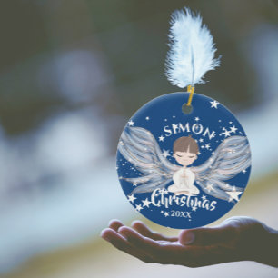 Christmas Angel Stars Photo Blue Cute   Ceramic Or Ornament
