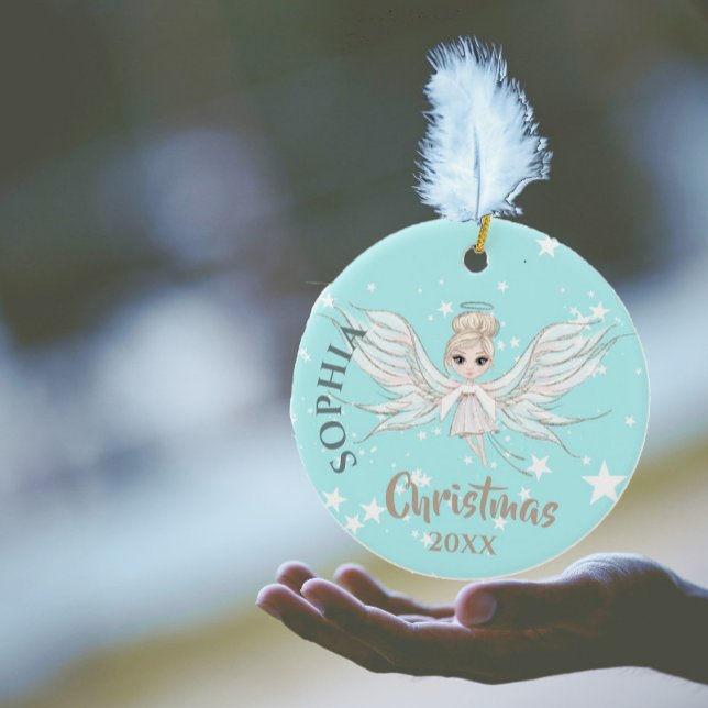 Christmas Angel Stars Photo Blue Pink Cute  Ceramic Ornament (Creator Uploaded)