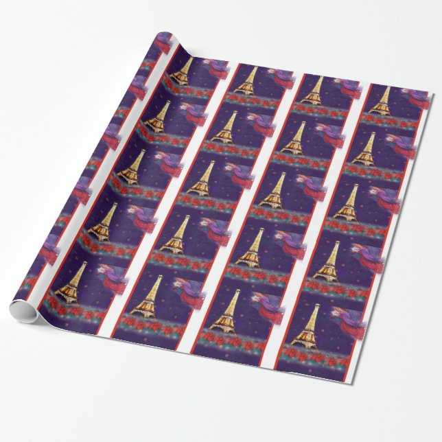 Christmas Angel Twinkling Eiffel Tower Wrapping Paper (Unrolled)