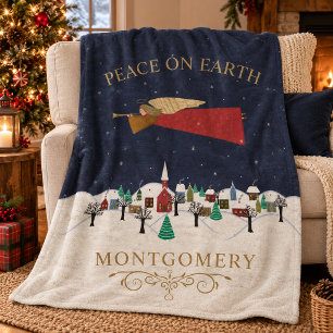 Christmas Angel Village Peace on Earth Monogram Fleece Blanket