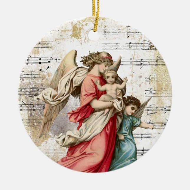 Christmas Angel Wings Music Gold Religious Child Ceramic Ornament (Front)