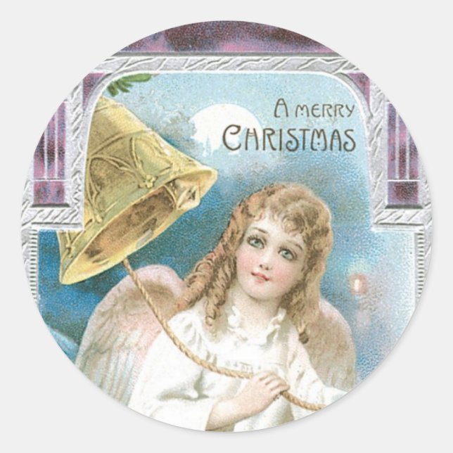 Christmas Angel with Bell Classic Round Sticker (Front)