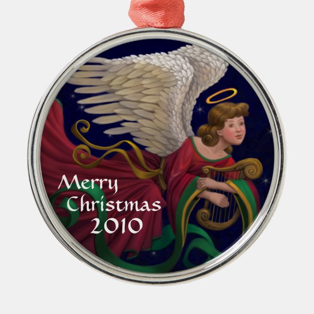 Christmas Angel With Harp Round Ornament (Front)