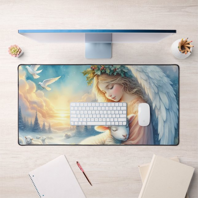 Christmas Angel with Lamb in Winter Peace Desk Mat (Office 1)
