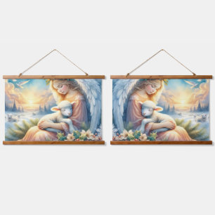 Christmas Angel with Lamb in Winter Peace Hanging Tapestry