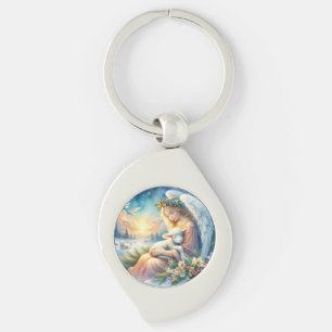 Christmas Angel with Lamb in Winter Peace Keychain