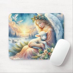 Christmas Angel with Lamb in Winter Peace Mouse Pad