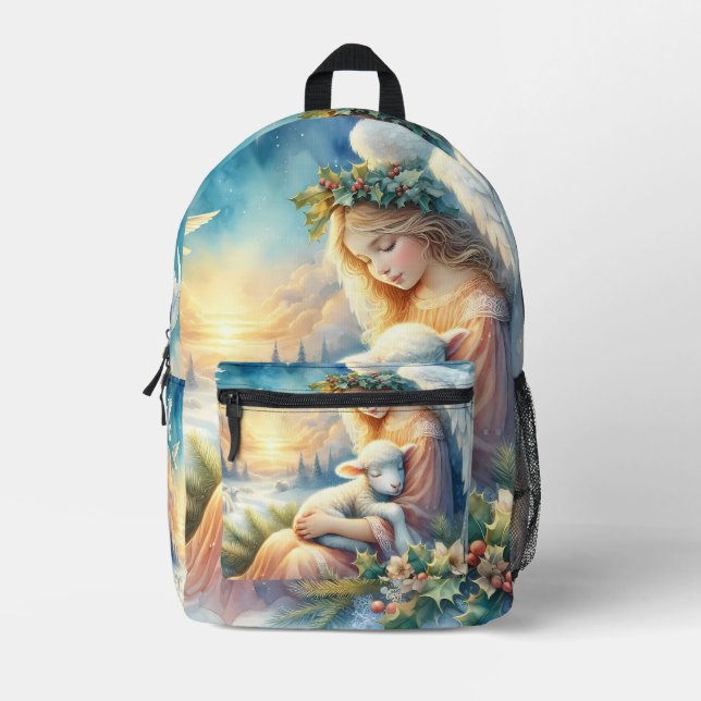 Christmas Angel with Lamb in Winter Peace Printed Backpack (Front)