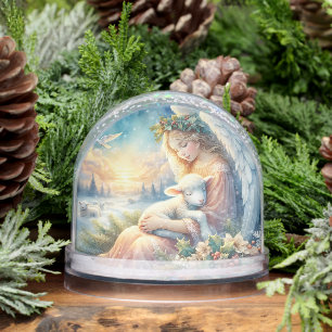 Christmas Angel with Lamb in Winter Peace Snowglobe