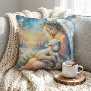 Christmas Angel with Lamb in Winter Peace Throw Pillow
