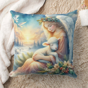 Christmas Angel with Lamb in Winter Peace Throw Pillow