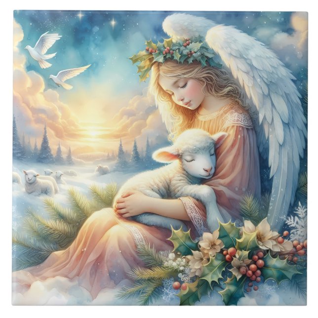 Christmas Angel with Lamb in Winter Peace Tile (Front)