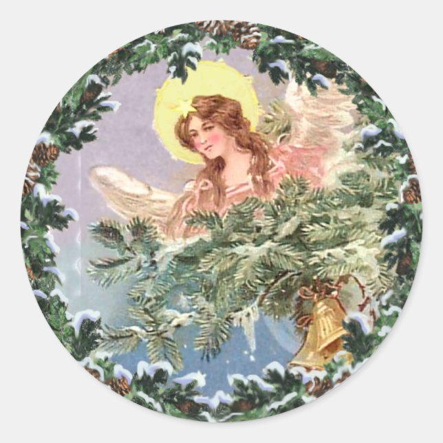 CHRISTMAS ANGEL & WREATH by SHARON SHARPE Classic Round Sticker (Front)