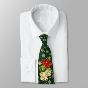 Christmas Angels on Green with Gold Snowflakes Tie