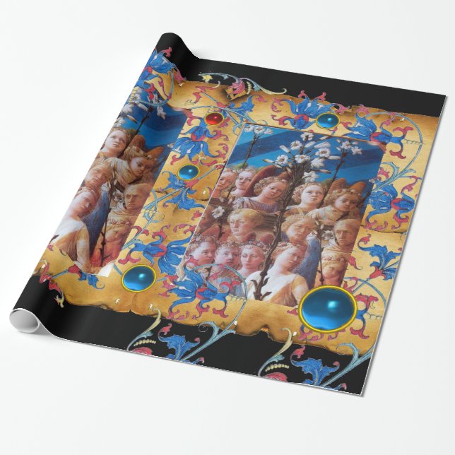 CHRISTMAS ANGELS PARCHMENT,RED BLUE FLOWERS,GEMS WRAPPING PAPER (Unrolled)