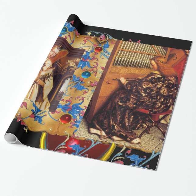 CHRISTMAS ANGELS ,RED BLUE GEMS ,FLORAL PARCHMENT WRAPPING PAPER (Unrolled)