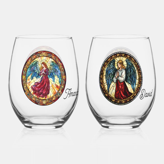 Christmas Angels Stemless Wine Glass (Front)